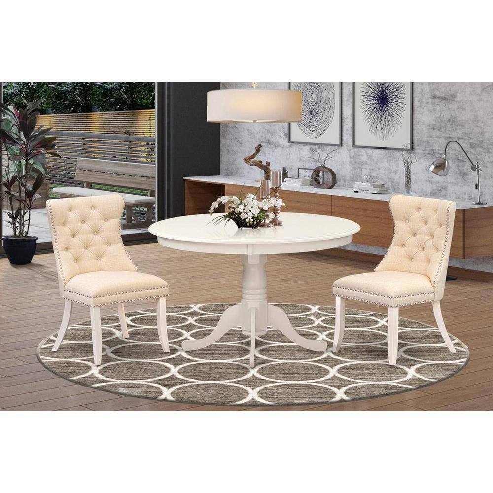 Linen White Round Pedestal Dining Table Set with Beige Upholstered Chairs