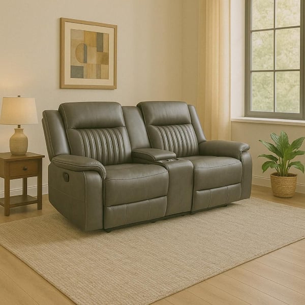 Benjara Viann Gray Polyester Glider Recliner Dual Manual Sofa with Cup Holders