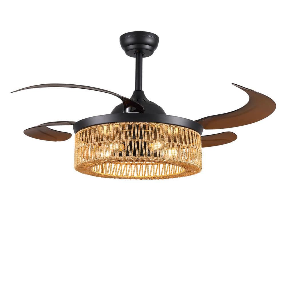 48 in. Indoor Boho Woven Cage Black Downrod Mount Bladeless  Chandelier Ceiling Fan with Remote and no Bulb Included price history on PriceWatchPro