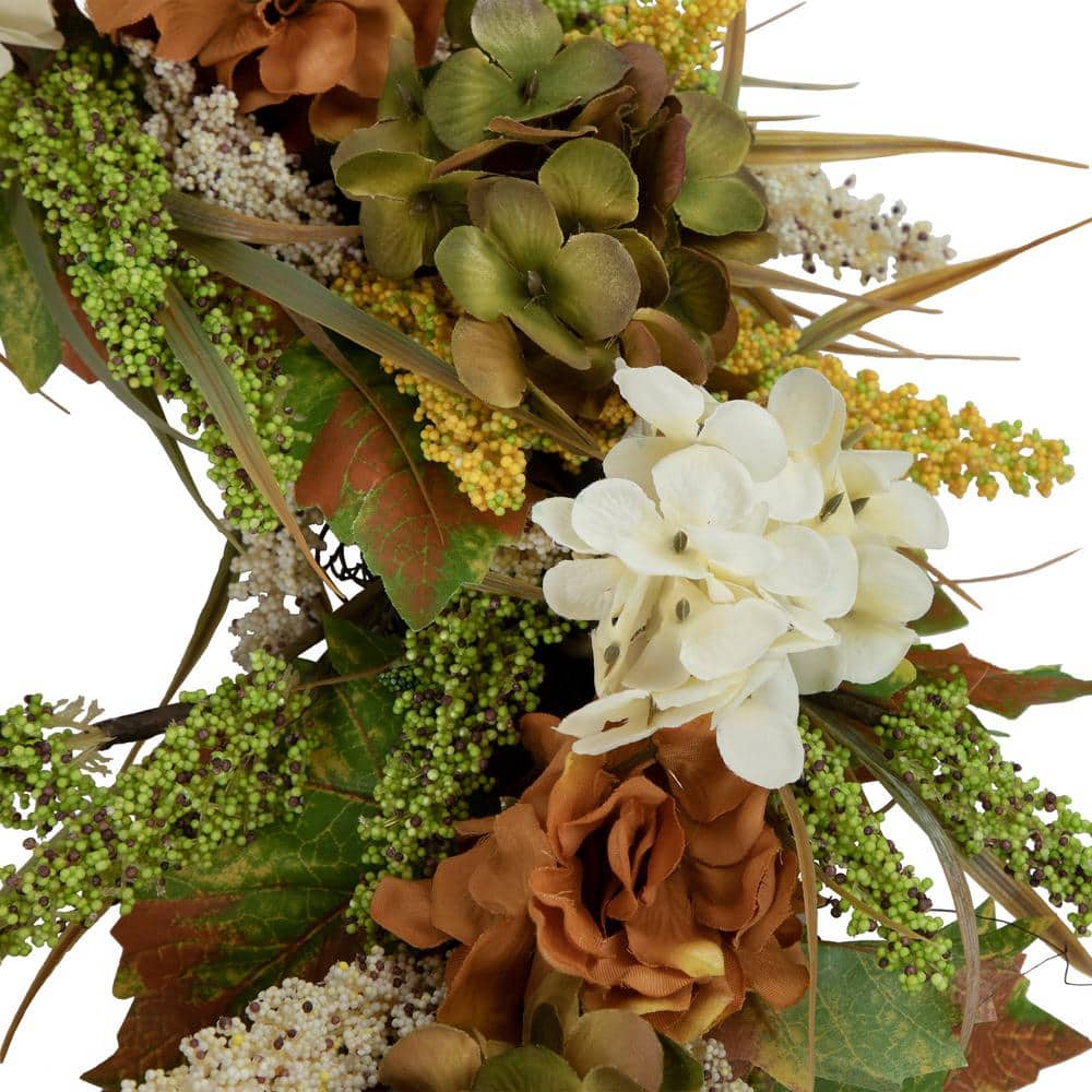 28-Inch White and Orange Hydrangea Artificial Fall Wreath