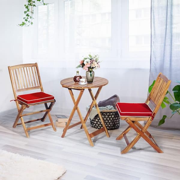 Unbranded 3-Piece Folding Acacia Wood Outdoor Bistro Set with Round Coffee Table and Red Cushion