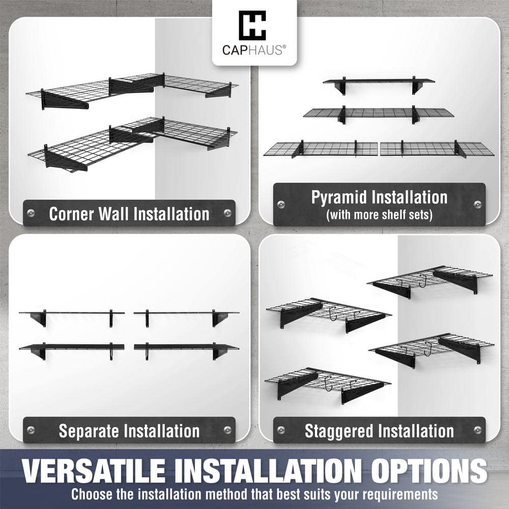 Black Metal Wall Mounted Garage Shelves with Hooks, 36" x 18"