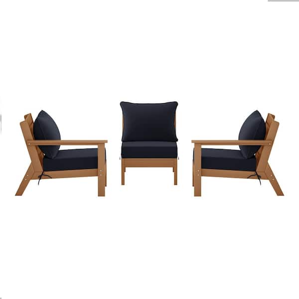 Birchwood Teak Arrangeable Outdoor Patio 3-Piece Deep Seating HDPE Sofa Arm Chair Set w/ Navy Blue Cushions