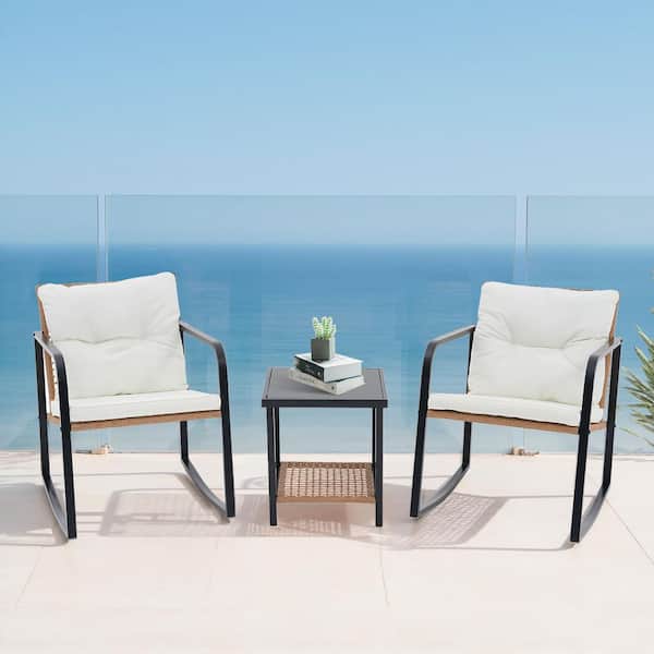 Yangming 3-Piece Steel Frame Square Coffee Table Rocking Wicker Outdoor Bistro Set with White Cushion for Garden, Black