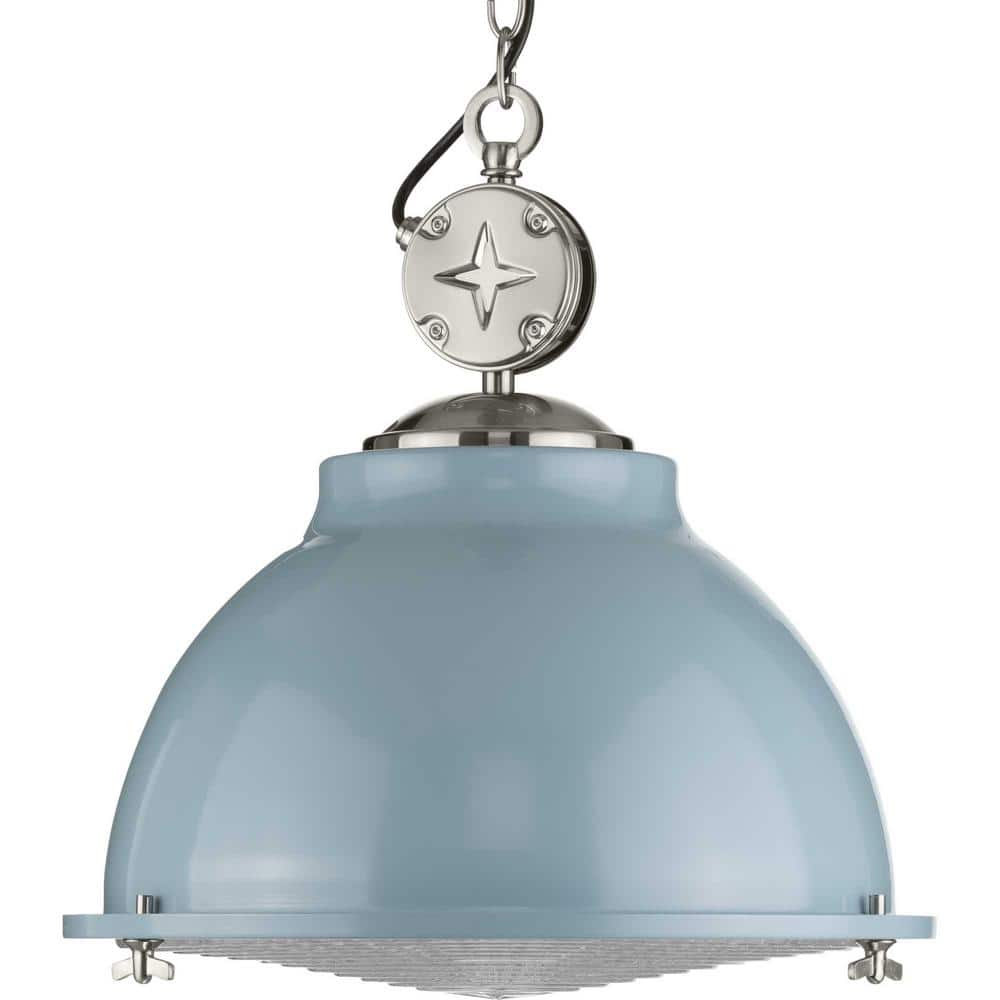 Coastal Blue and Nickel 17" Pendant Light with Glass Shade