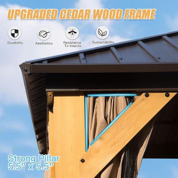 10 ft. x 14 ft. Cedar Wood Solid Wood Hardtop Gazebo with Galvanized Steel Roof, Netting,Hooks and Curtains
