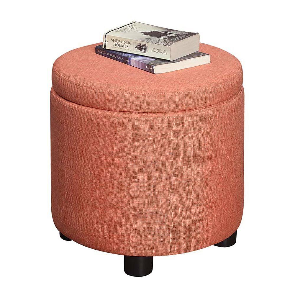 Coral Faux Linen Round Storage Ottoman with Reversible Tray