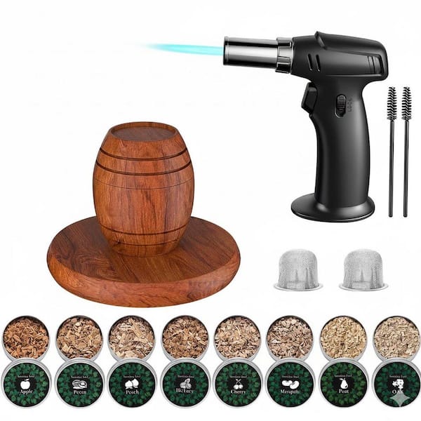Cocktail Whiskey Smoker Kit with Torch, Brown Wood Stainless Steel Drink Smoker Old Fashioned Kitchen Tool