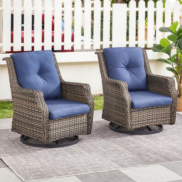 Farmhouse 7-Piece Gray Wicker Patio Conversation Set with Blue Cushions and Swivel Gliders/Footrest/Sofa