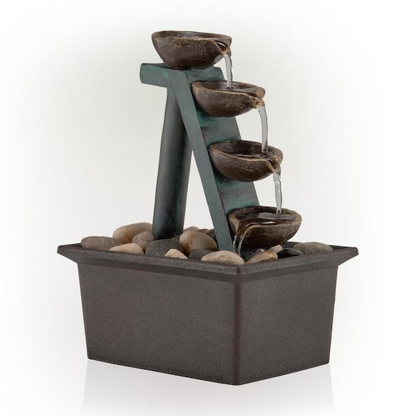 Alpine Corporation 8 in. Tall Indoor/Outdoor 4-Tier Step Tabletop Fountain with Rustic Bowls