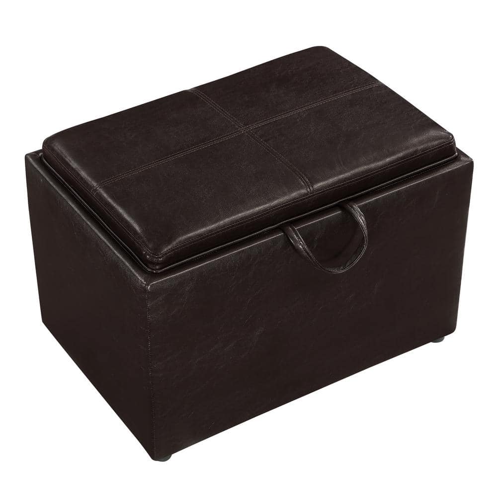 Espresso Faux Leather Versatile Storage Ottoman with Tray