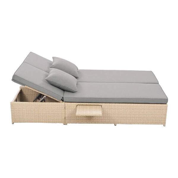 Siavonce Brown Wicker Rattan Outdoor Double Sunbed, Patio Lounge