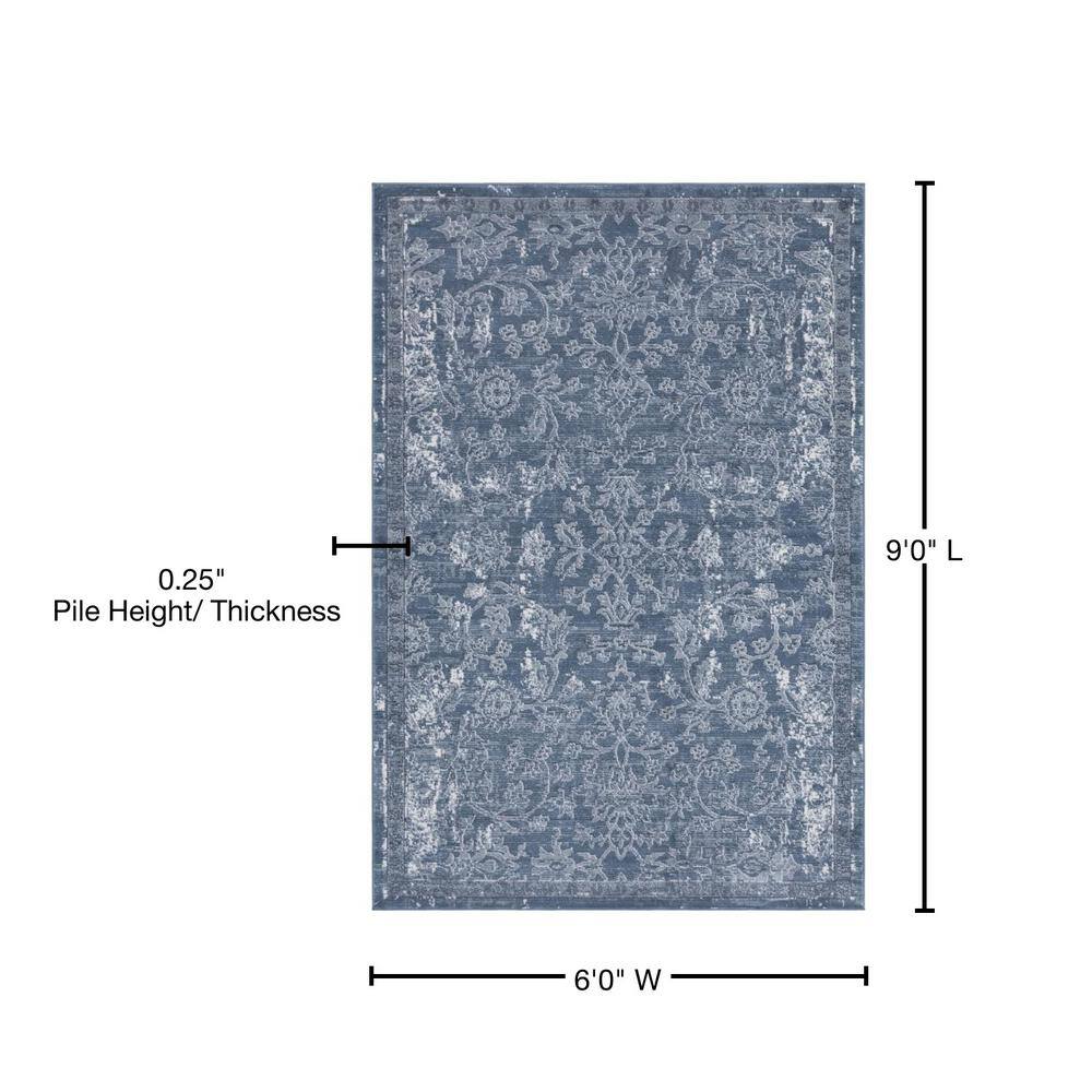 Elegant Blue Floral Indoor Rectangular Rug 6x9 ft
