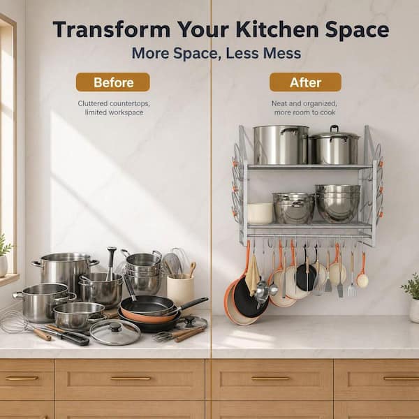 Wudkey 28 in. 2-Tier Wall Mounted Silver Pot Rack with Hooks, Lid Holders, Heavy Duty Cookware Organizer for Kitchen Storage