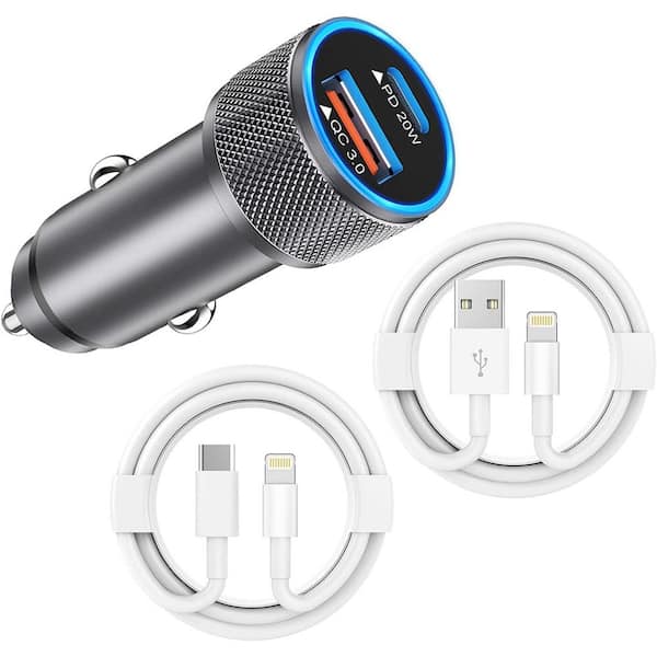 OBJLGEV Dual Port Fast Car Charger with 2 Lightning Cables 38W PD&QC 3.0 Compatible with iPhone 14/13/12 Pro and More