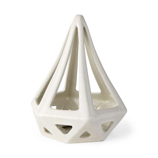 HomeRoots 9 in. White Crackle Glaze Ceramic Conical Sculpture