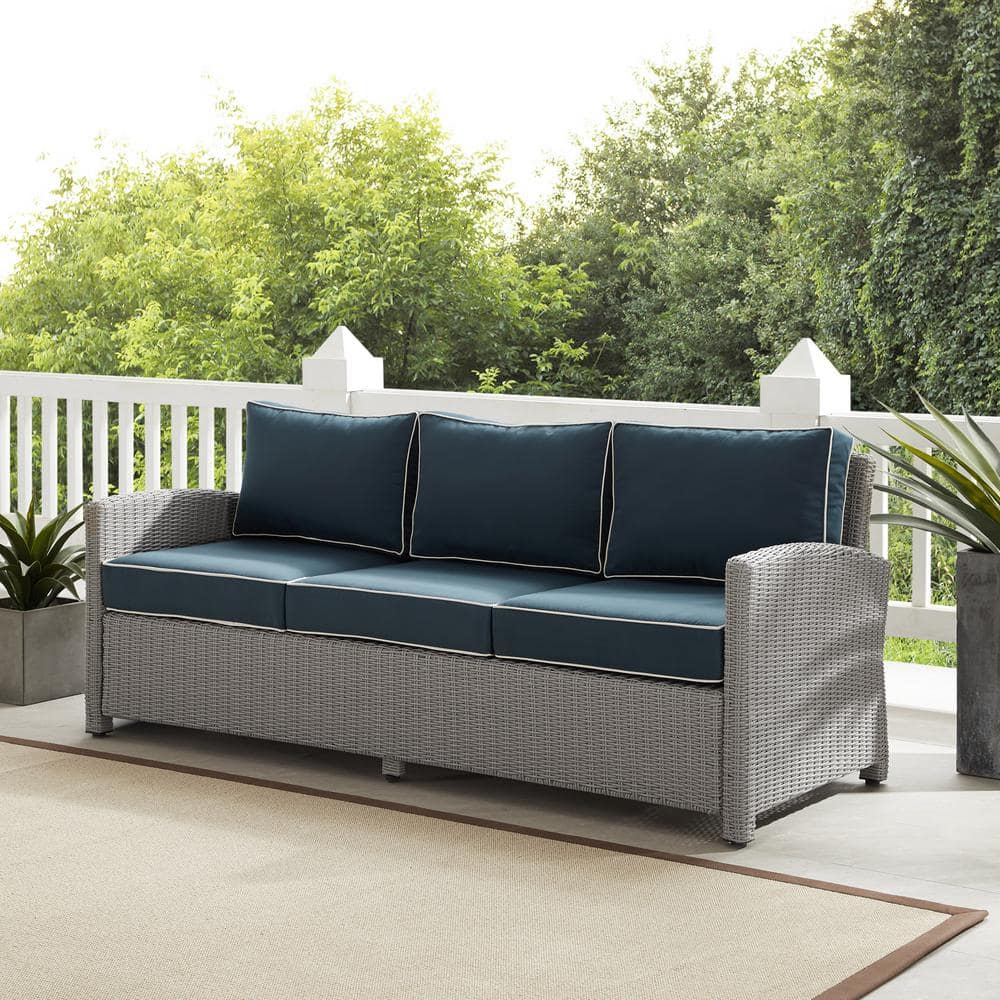 Bradenton Gray Wicker Outdoor Sofa with Navy Cushions
