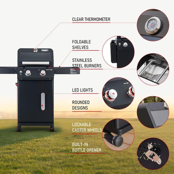Mesa 2-Burner Propane Gas Grill in Black with Clear View Lid, LED Controls, and Grill Cover