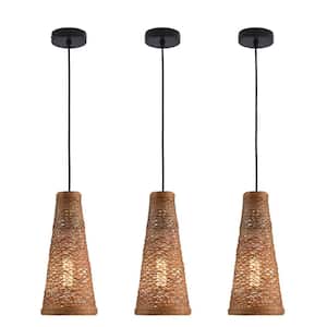 3-Piece 5.9 in. 1-Light Modern Brown Island Mini Pendant Light Adjustable Height with Hand Woven Rattan Shade