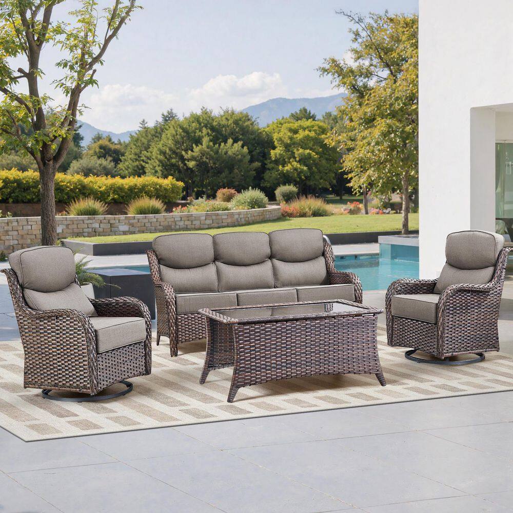 Moonluxe 4-Piece Brown Swivel Glider Wicker Patio Conversation Set with Gray Olefin 6 In. Thick Cushions price history on PriceWatchPro