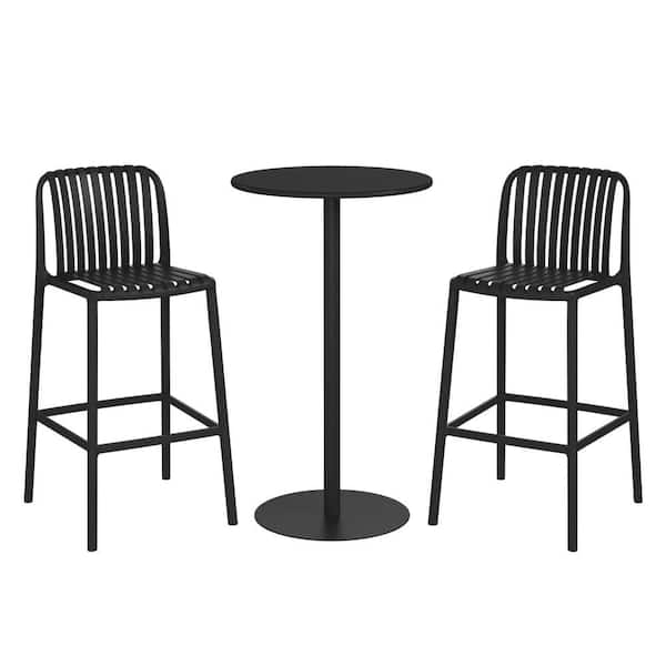 Frond&Form 3-Piece Outdoor Patio All Weather Bar Height Dining Set w/ Round Table and Bistro Chairs, Black