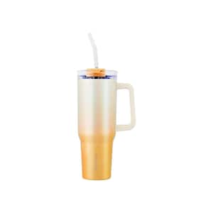 40 oz. Insulated Yellow/White Gradient Leak Proof Double Walled Stainless Steel Tumbler with Handle and Straw