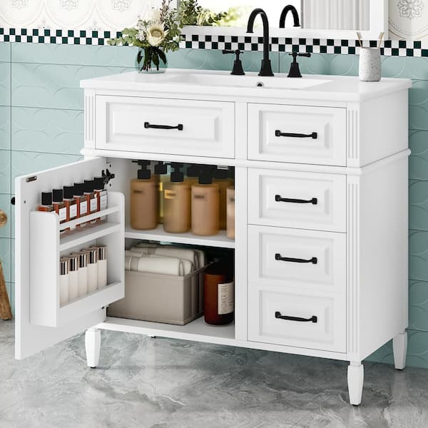 36 in. Freestanding White Bath Vanity with White Ceramic Top Flip Drawer Design and Adjustable Shelf