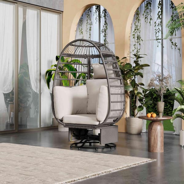 Polibi Gray Swivel Chair Wicker Outdoor Swivel Patio Egg Lounge Chair with Beige Cushion and 4 Pillows