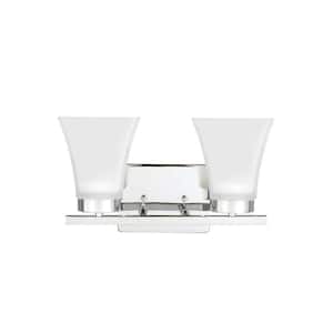 Bayfield 13.25 in. 2-Light Chrome Contemporary Wall Bathroom Vanity Light with Satin Etched Glass Shades