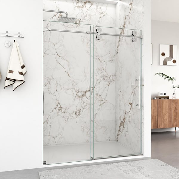 56-60W x 72H Frameless Single Sliding Shower Door, 5/16" (8mm) Clear Tempered Glass, Chrome Bypass