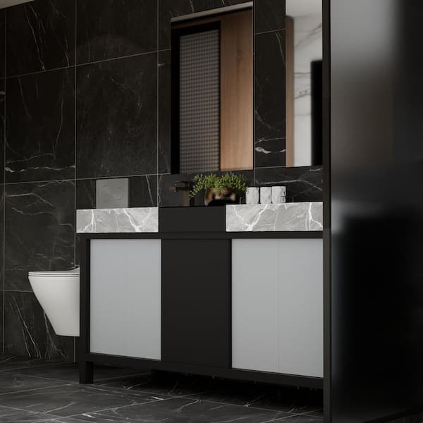 Zilara 60 in x 22 in D Black and Grey Double Bath Vanity, Castle Grey Marble Top and Gun Metal Faucet Set