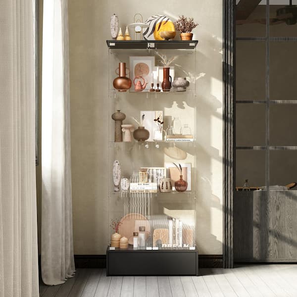 Glass 70.9 in. H Accent Storage Cabinet Display Curio Case in Black with Tempered Glass Shelves and Doors, Drawer, Lock