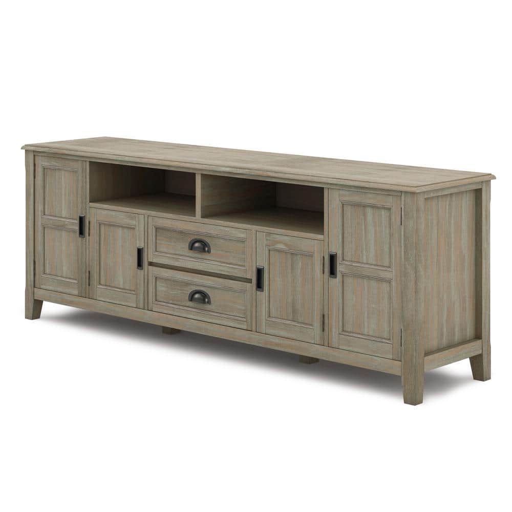 Burlington Solid Pine 72" TV Media Stand in Distressed Grey with Cabinet