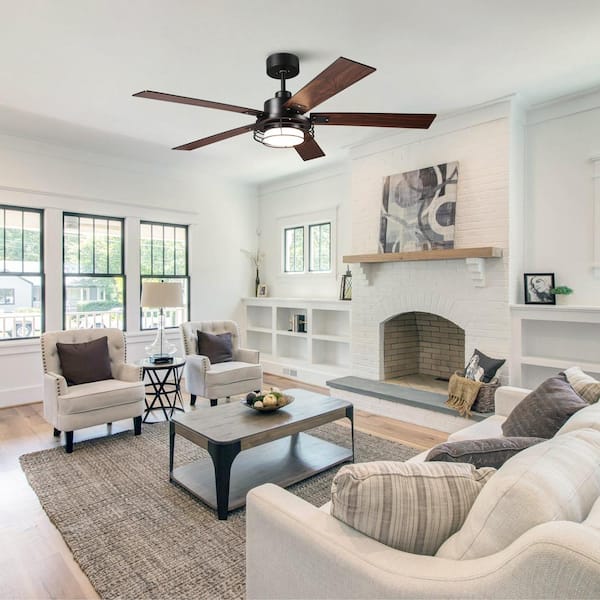 52 in. Indoor Integrated LED Black Ceiling Fan with Light and Remote Control