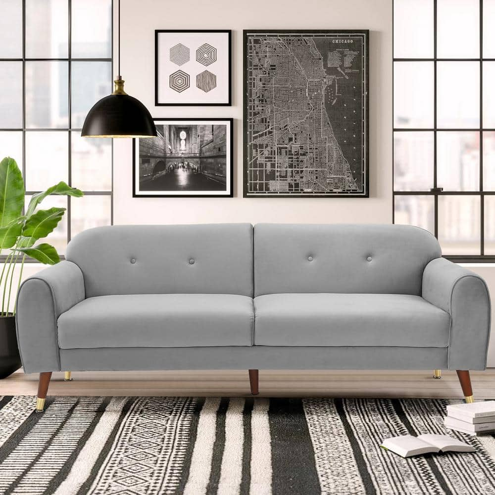 Seafuloy 75.5 in. Light Gray Velvet Wood Leg Loveseat Sofa C-W22336420 ...