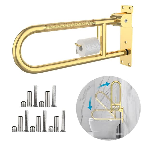 22.4 in. x 1.25 Concealed Screw Flip-Up Toilet Grab Bar with Paper Holder Gold Knurled Stainless Steel Safety Rails