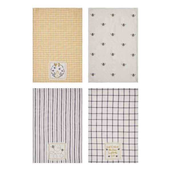 Yellow Creme Gray Nature Embroidered Bee Cotton Linen Blend Kitchen Tea Towel Set (Set of 4)