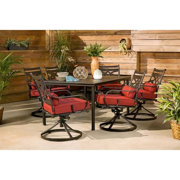 Hanover Montclair 7-Piece Steel Outdoor Dining Set with Chili Red Cushions Swivel Rockers and Dining Table