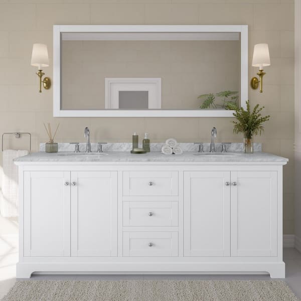 Avery 80 in. W x 22 in. D Bathroom Vanity in White with Marble Vanity Top in White Carrara with White Basins