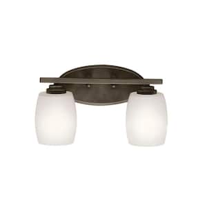 Eileen 14.25 in. 2-Light Old Bronze Contemporary Bathroom Vanity Light with Etched Glass Shade