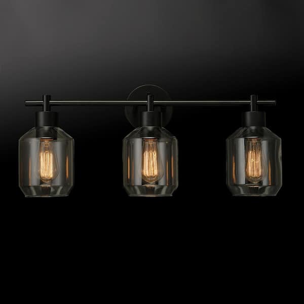 Cannes 24.25 in. 3-Light Matte Black Vanity Light with Clear Glass Shades and 4-Piece Bath Set