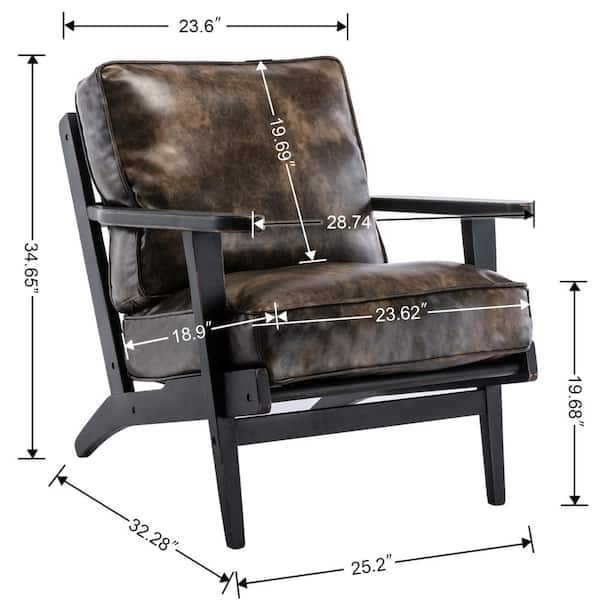 ATHMILE Black Mid-Century PU Leather Solid Wood Accent Chair with Removable Cushion (Set of 1)