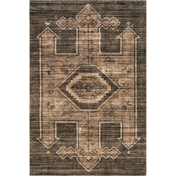 Sagebrush Geometric Machine Washable Dark Brown 10 ft. x 14 ft. Indoor/Outdoor Patio Rug