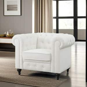 White Chesterfield Single Sofa Chair for Living Room, Mid Century Arm Chair W/Rolled Arms, Tufted Cushion