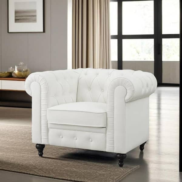 HOMESTOCK 44 in. White Tufted Faux Leather Chesterfield Arm Chair with Solid Wooden Legs 99721 W
