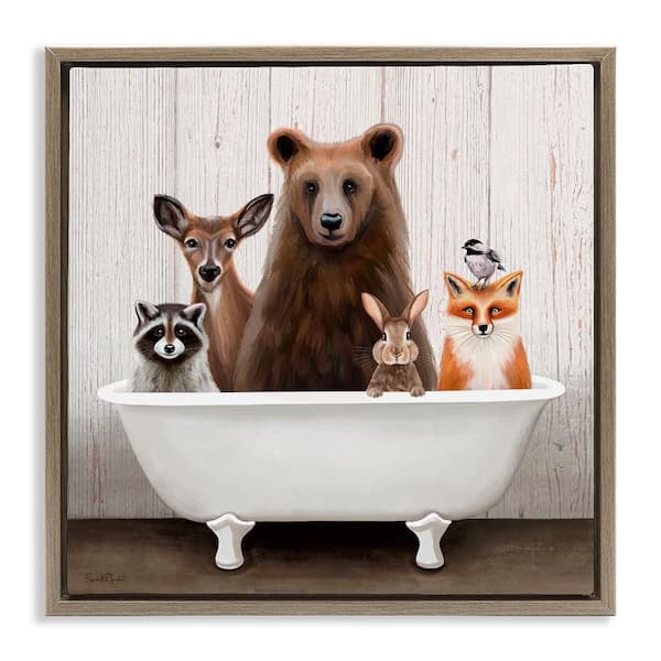 Stupell Industries Woodland Creatures Bathtub by Elizabeth Tyndall 1-Piece Brown Floater Frame Animal Graphic Art Print 25 in. x 25 in.