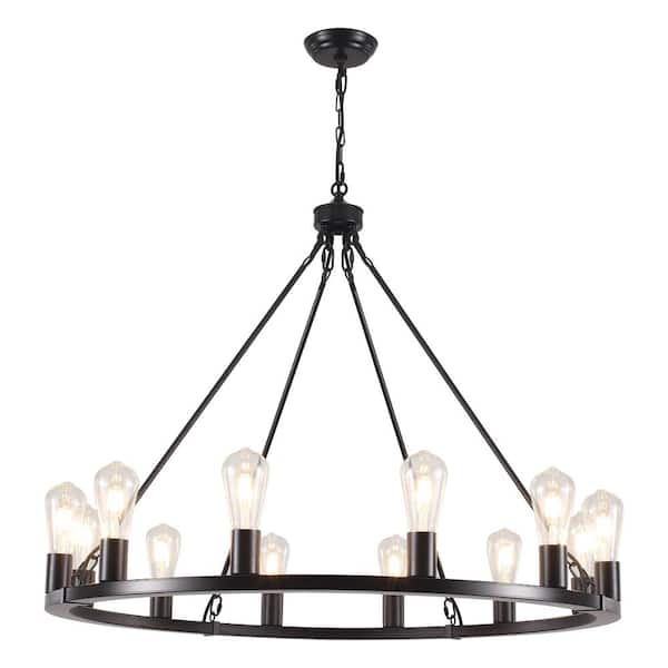 60-Watt 12-Light Black Farmhouse Wagon Wheel Chandelier, No Bulb Included
