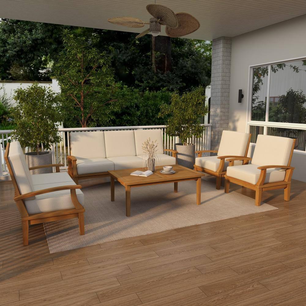 Brown Teak Wood 5-Piece Outdoor Seating Set with Cushions