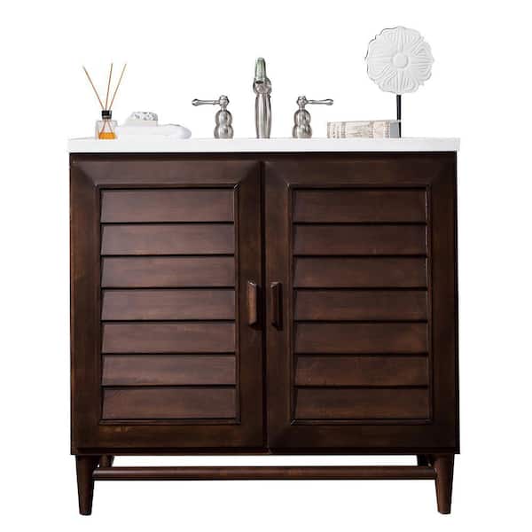 James Martin Vanities Portland 36 in. W x 23.5 in.D x 34.3 in. H Single Vanity in Burnished Mahogany with Solid Surface Top in Arctic Fall