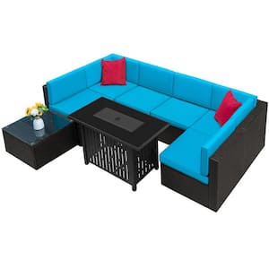 8-Piece Patio Conversation Set with 50,000 BTU Propane Fire Pit Table, Wicker Sectional Set with Blue Cushions